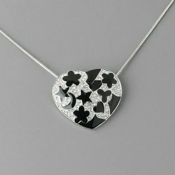 Black Enamel Pave Austrian Crystal Heart Pendant Silver Snake Chain Necklace - Picture 1 of 2